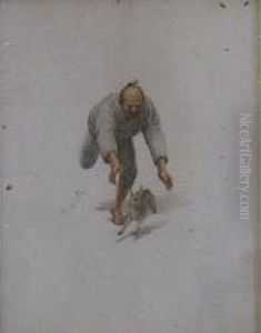 One Of A Man Chasing A Hare The Other A Man Carrying Two Flat-fish And A Bottle On A Pole Over His Shoulder by Anna Plate