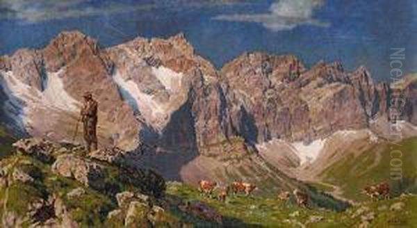 Hirte Mit Kuhen Auf Einer Almwiese Im Karwendelgebirge - view 1