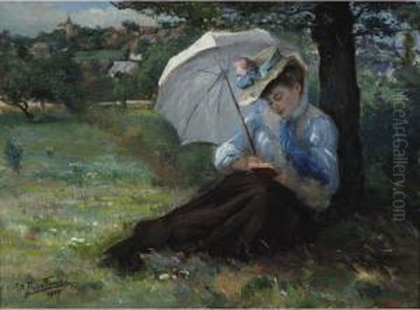Woman With A Parasol Reading In A Sunny Field - view 1