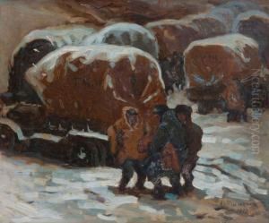 Camions Sous La Neige by Alfred Plauzeau