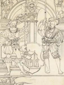 Two Landsknechts Flanking A Shield With A Church, Under An Arch:design For A Stained-glass Window