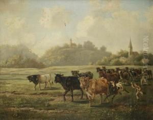 Kuherde Und Hirten In Weiter Dorflandschaft Kuherde Und Hirten In Weiter Dorflandschaft