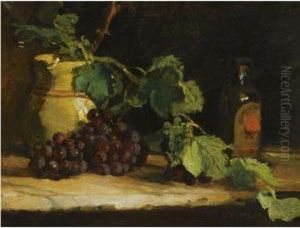 A Still Life With Grapes, A Jug And A Bottle On A Ledge by George, Jurgen Pletser