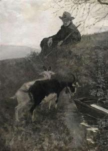 A Goatherd At A Drinking-trough by Hermann Pleuer