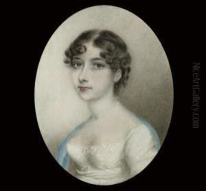 A Young Lady, In White Dress With Blue Stole Over Her Shoulders, Her Dark Hair In Curls by Andrew Plimer