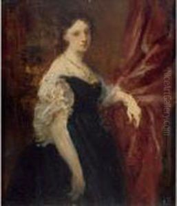 An Elegant Lady, Standing Three-quarter Lenght Wearing An Evening Dress by Bernhard Plockhorst