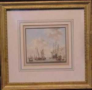 Shipping In Harbor, After Willem Van De Velde by Michel Plonski