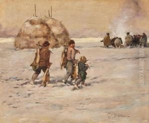 Jager Mit Erlegtem Wild Im Winter by Karl Pluckebaum