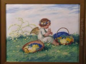 Auf Einer Bluhenden Fruhlingswiese Sitzender Flotespielender Engel, Neben Sich Zwei Blumenkorbe. by Karl Pluckebaum