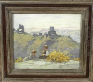 Hornist Und Zuhorerin Auf Einer Anhohe Vor Den #feindlichen Brudern# Bei Bornhofen Am Rhein by Karl Pluckebaum