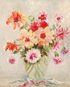 Stilllife Of Dahlias In A Glass Vase by Meta Pluckebaum