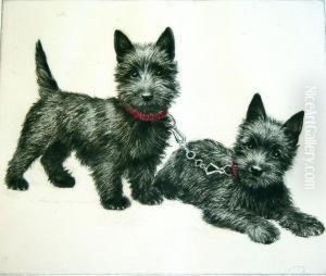 Two Scottish Terriers; Child With A Terrier by Meta Pluckebaum