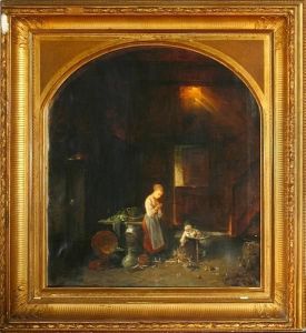 An Kitchen Interior With A Mother And Her Child by Poul August Plum