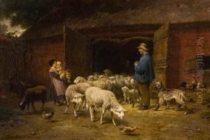 Schapenhoeder Met Kinderen En Kudde by Andre Plumot