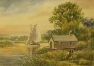Broads Scene With Eel Catcher's Hut by William E. Plumstead