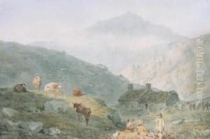 Figures By A River In A Mountain Landscape; Figures And Cattle By A Mountain Cottage