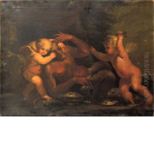 Two Amorini Playing With A Satyr by Giovanni Andrea Podesta