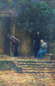 Drei Frauen Vor Einem Haus Mit Laub Bedeckten Stufen by Robert Poetzelberger