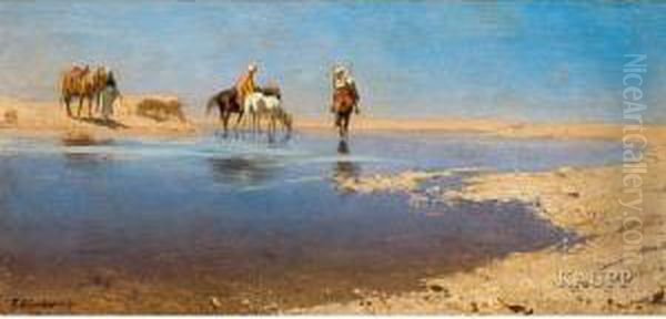 In Weiter Wustenlandschaft Durch Ein Seichtes Gewasserreitende Araber - view 1