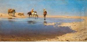 In Weiter Wustenlandschaft Durch Ein Seichtes Gewasserreitende Araber by Robert Poetzelberger