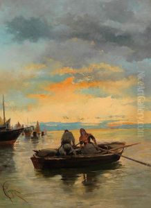 Porto Al Tramonto Con Barche Pescherecce In Primo Piano by Giuseppe Pogna