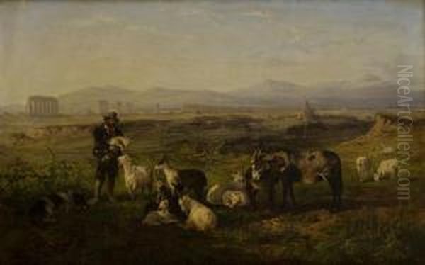Pastore Con Animali Nei Pressi Di Un Acquedotto Nella Campagna Romana - view 1