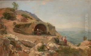 Woman Washing Laundry On A Mediterranean Hillside by Charles Henry Poingdestre