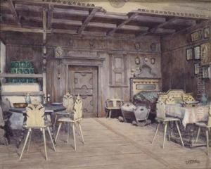 An Interieur: A Panelled Peasant""""s Parlour With Cradle And Tiled Stove by Franz Poledne