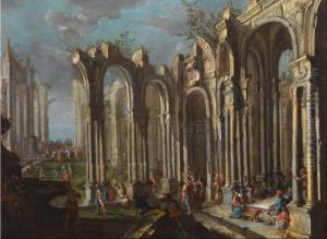 Capriccio Architettonico Con Festa Danzante E Scena Di Banchetto by Gherardo Poli