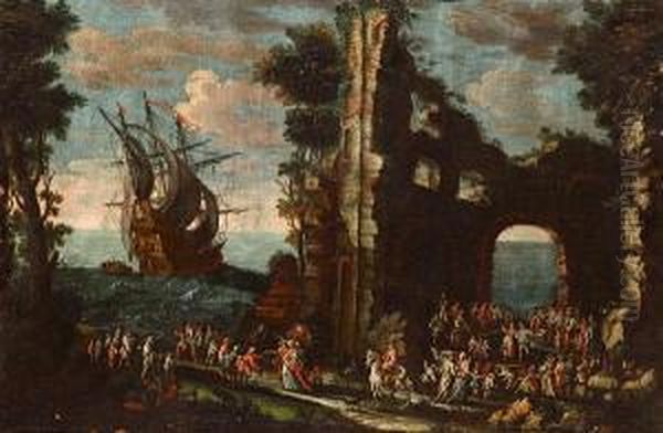 A Coastal Landscape With Elegant Figures Before Ruins - view 1