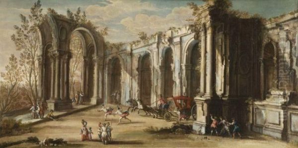 Carrosse Arrivant Dans Des Ruines Antiques Et Lavandieres S'affairant Autour D'un Bassin Antique - view 1