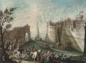 An Italianate Harbour With Elegant Company Promenading