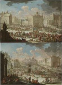 A Capriccio Of A Town With Galleys, Actors Performing On A Stage, And A Statue In The Foreground by Giuseppe Poli