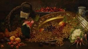 A Still Life With Grapes In A Basket And Cherries, Peaches And Plums On A Table by August Pollak
