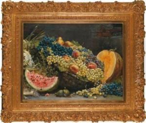 Large Still Life With Grapes And Melon by August Pollak
