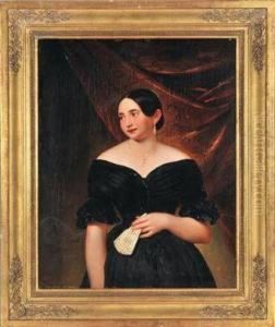 Bildnis Einer Dame Im Schwarzen Kleid Mit Facher by Leopold Pollak
