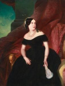 Bildnis Einer Dame Mitperlenkette Und Facher by Leopold Pollak