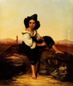 Italienischer Hirtenknabe Auf Einem Felsen Sitzend by Leopold Pollak