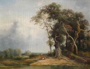 Bewaldete Landschaft Mit Reisigsammlerin