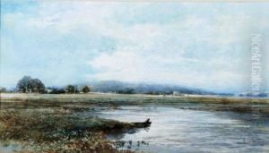 River Landscape With A Fisherman On A Boat by Albert Pollitt