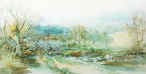 Rural River Scene With Fisherman Sat On The Bank