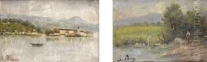 Paesaggio Lacustre; Contadina Sull'argine Del Fiume by Silvio Poma