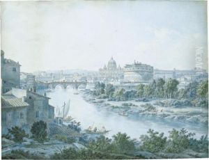 A View Of Rome From Tor Di Nona And The Tiber Looking Towardscastel Sant'angelo And Ponte Degli Angeli And The Basilica Of Stpeter by Simone Pomardi