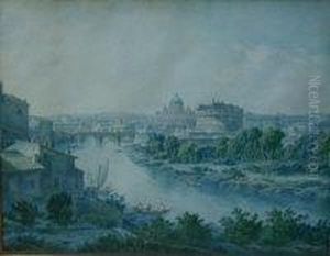 "rome With The River Tiber Looking South Towards The Castel Santangelo And Saint Peters Basilica Beyond, Figures In Boats In Theforeground", Watercolour, Signed And Dated 1821, 52 X 68 Cm by Simone Pomardi
