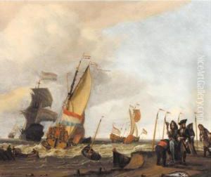 Dutch Shipping In Rough Seas Off The Coast, With A Man Selling Fish On Shore by Gerrit Pompe