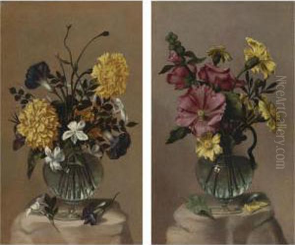 Vase Of Hollyhocks And African Marigolds;
Vase Of French Marigolds, Morning Glory And Jasmine - view 1