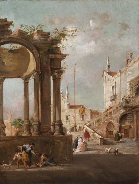Capriccio Architettonico Con Tempietto Classico In Rovina E Cortile Di Palazzo - view 1