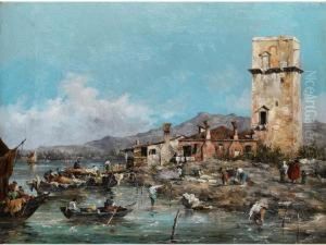 Italienische Kustenlandschaft Mitfischerhausern Und Massivem Turm by Giuseppe Ponga