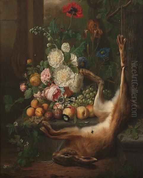 Roses, Peonies, A Poppy, Morning Glory And Other Flowers With Peaches, Plums And Grapes On A Stone Ledge With A Dead Hare Amidst Ruins In A Landscape - view 1