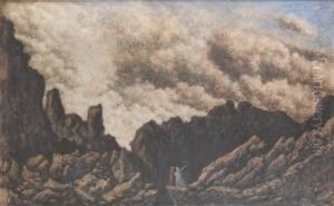 Promeneurs Dans Un Paysage Montagneux by Antoine Ponthus-Cinier